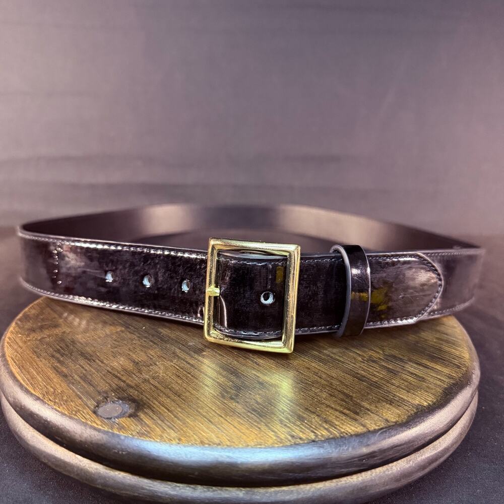 Galls Premium Leather Uniform Belt Size 48" Hi-Gloss Black Gold Brass 1238